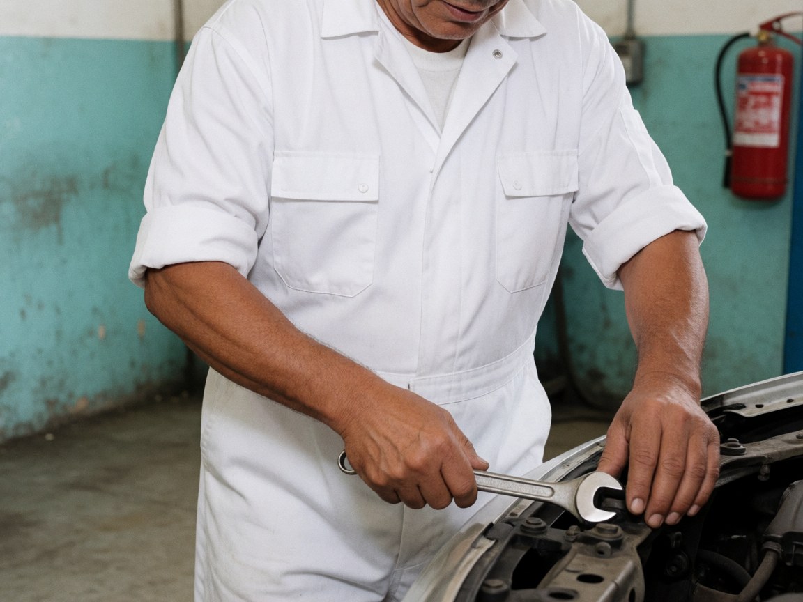 Mechanic in teal-walled garage repairing vehicle with wrench, red fire extinguisher in background, grease-stained hands, concrete floor, professional auto service setting
