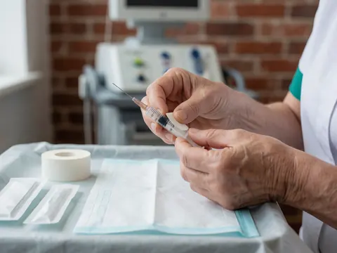 Close-up of hands preparing a sterile injection for veterinary care on a tray with medical supplies