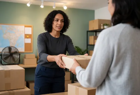 A woman hands a package to a client in a clean shipping studio with boxes, a map, and a fan in the background.