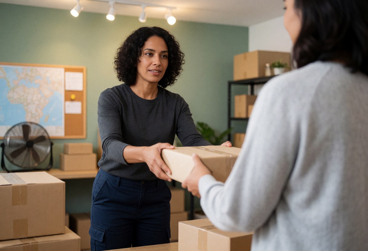 A woman hands a package to a client in a clean shipping studio with boxes, a map, and a fan in the background.