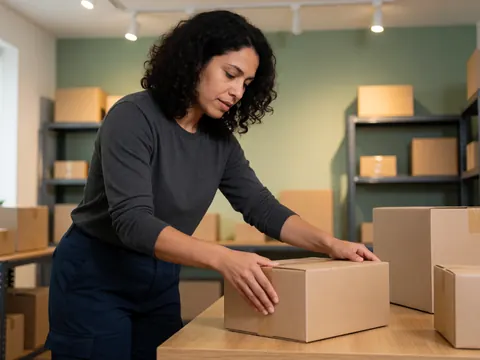 A woman packing a cardboard box on a wooden table in a shipping office with shelves and warm light
