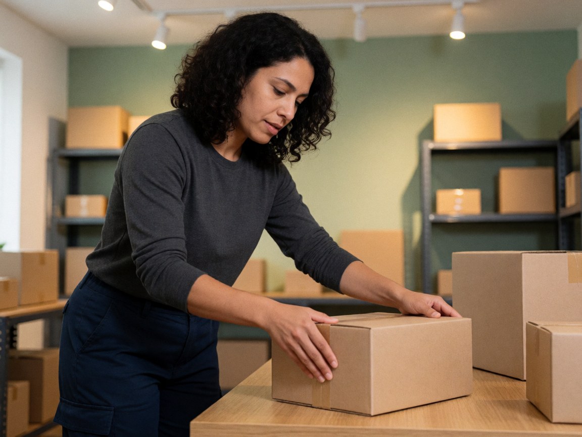 A woman packing a cardboard box on a wooden table in a shipping office with shelves and warm light