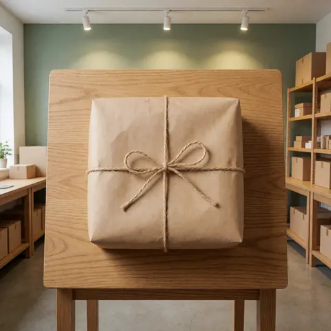 A brown kraft paper package tied with twine sits on a wooden surface, ready for online store delivery
