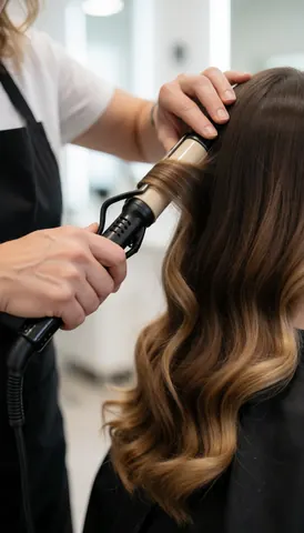 A hair stylist uses a flat iron to create soft, loose waves in a client's hair during a salon service appointment