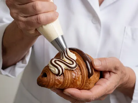 Detailed view of a croissant being decorated with pastry cream and chocolate glaze using a piping bag on a white background