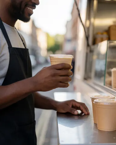 A happy customer holding a milkshake with a spoon, standing near a food truck display case with soft lighting