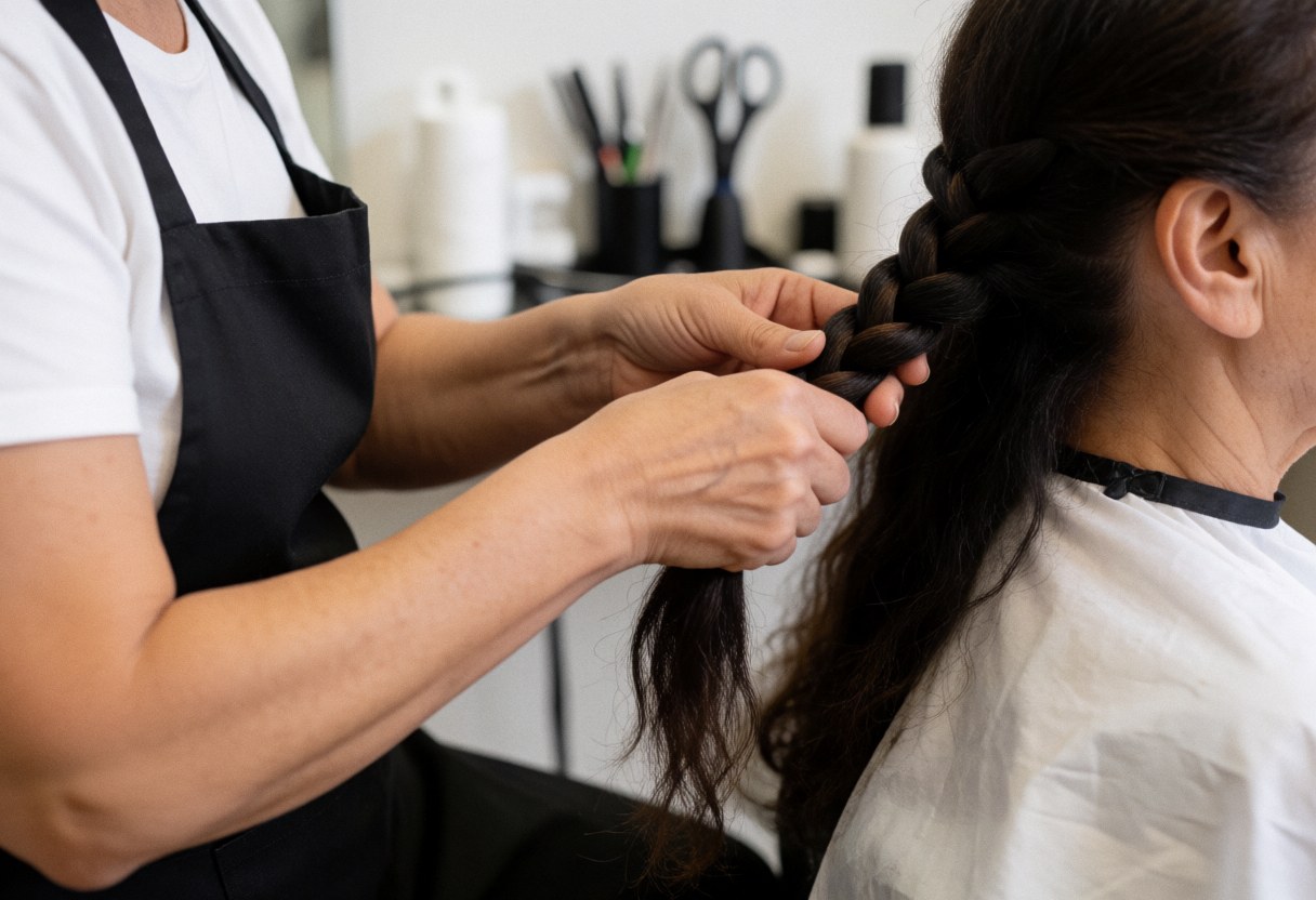 Professional stylist braiding a client's hair in a salon, with hands and tools in focus against a blurred background.