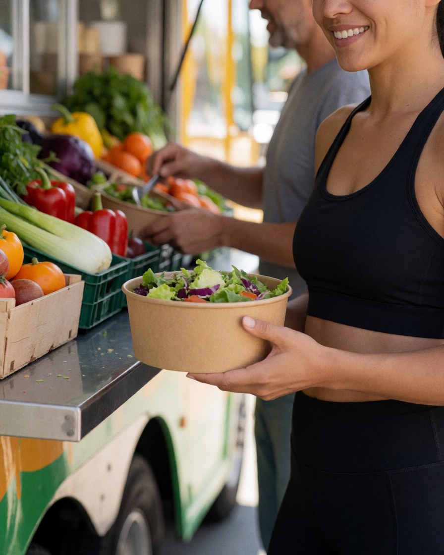 A woman holding a container of fresh salad in an outdoor setting, representing healthy eating and food truck culture.