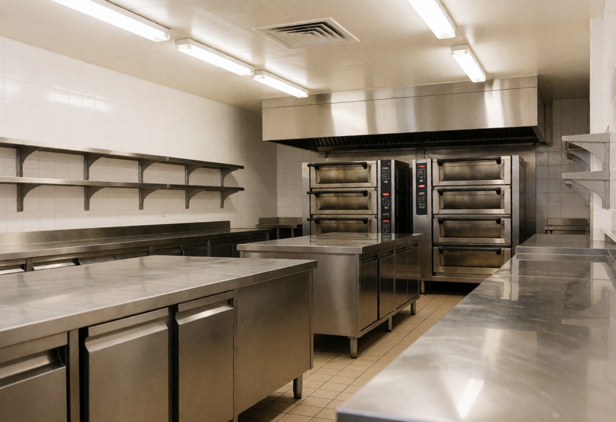 Spacious and clean industrial bakery kitchen featuring stainless steel worktables, large ovens, and bright fluorescent lighting, ready for business operations.