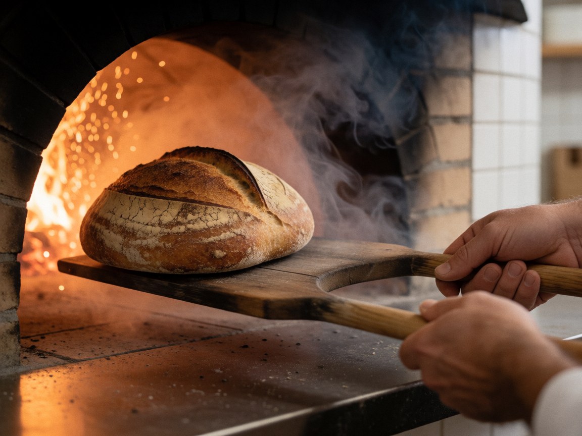 A baker uses a wooden peel to pull a loaf from a hot brick oven with visible smoke and flames, highlighting the crust texture in warm light.