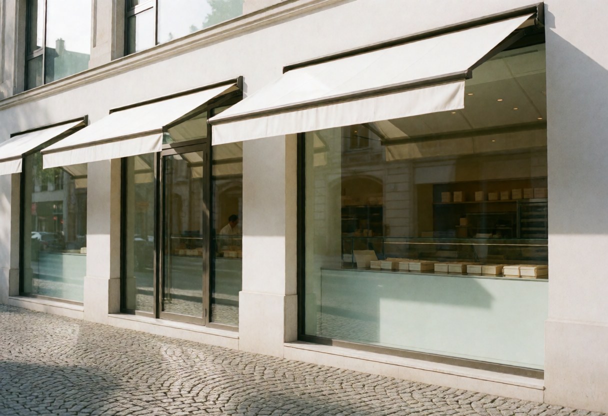Modern bakery exterior featuring large windows, white awnings, and a cobblestone street illuminated by morning light in a clean minimalist style