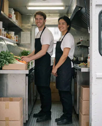 Two smiling employees stand in front of a food truck with fresh vegetables and visible kitchen equipment, ready to serve customers.