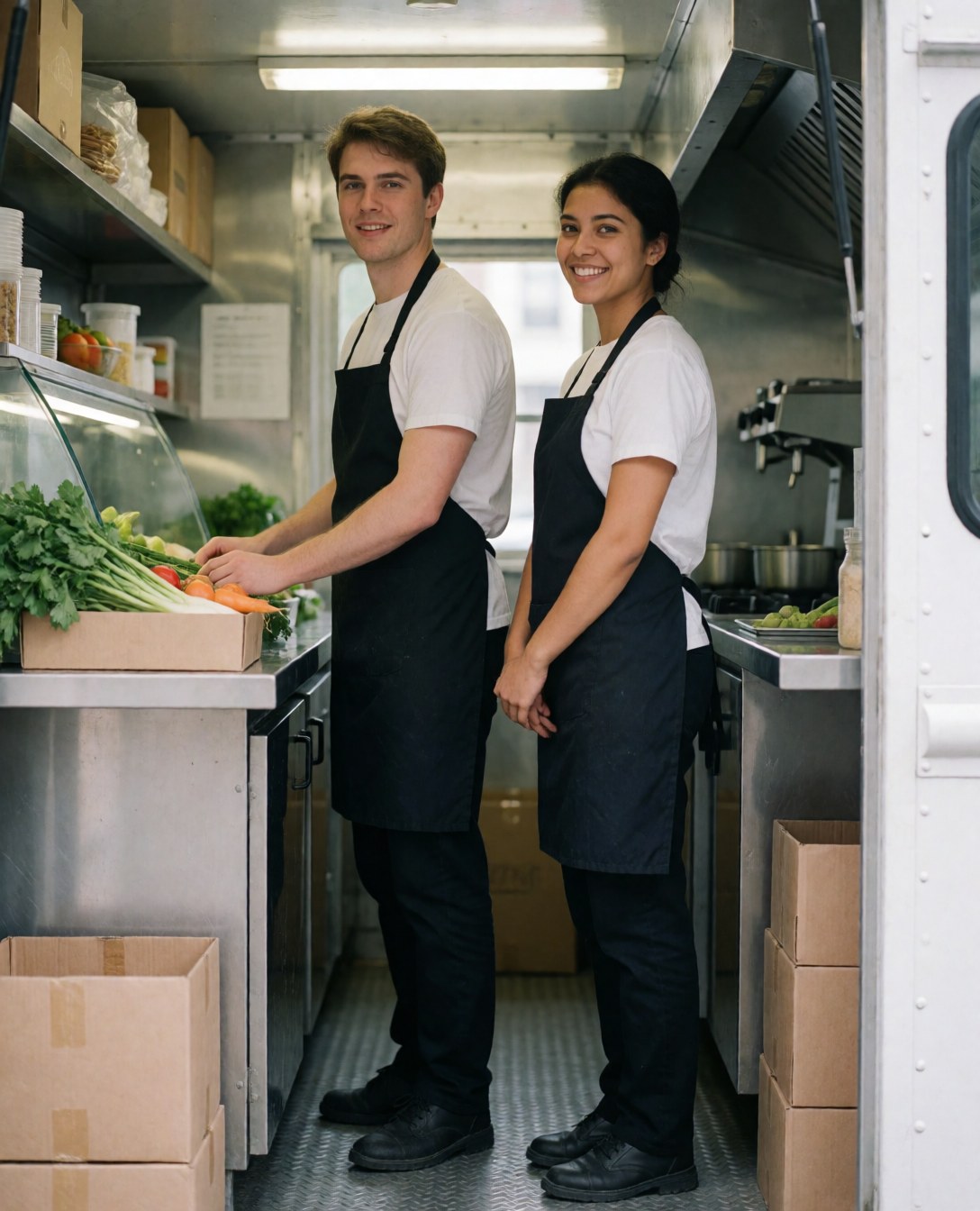 Two smiling employees stand in front of a food truck with fresh vegetables and visible kitchen equipment, ready to serve customers.