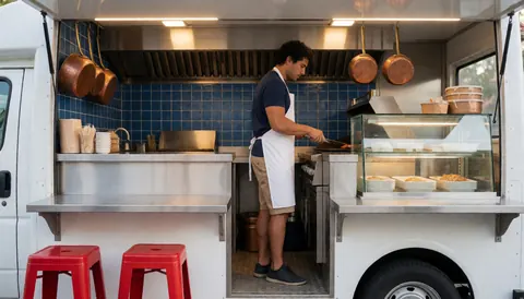 Chef preparing food in a food truck with stainless steel counter, red chairs, hanging pots, warm lighting, and ready-to-serve dishes in the display case