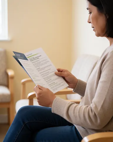 A woman sitting on a chair in a reception area, reading a brochure while waiting for service.