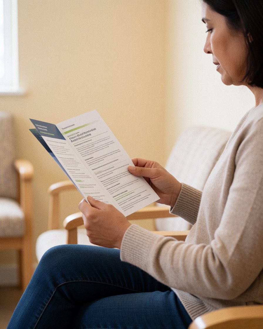A woman sitting on a chair in a reception area, reading a brochure while waiting for service.