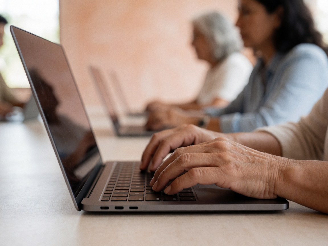 Close-up of hands typing on a laptop keyboard placed on a wooden table with a blurred background, highlighting remote work and productivity in a modern office environment