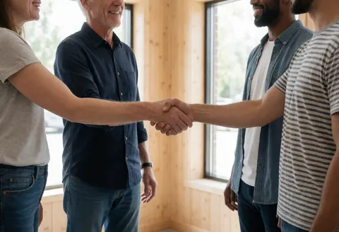 Two professionals shaking hands in a bright coworking office with wood panels and smiling colleagues in the background