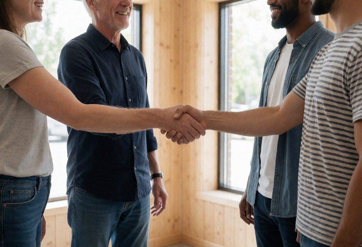 Two professionals shaking hands in a bright coworking office with wood panels and smiling colleagues in the background