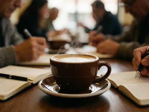 A close-up view of a coffee cup and an open notebook resting on a wooden table surface in a coworking space setting