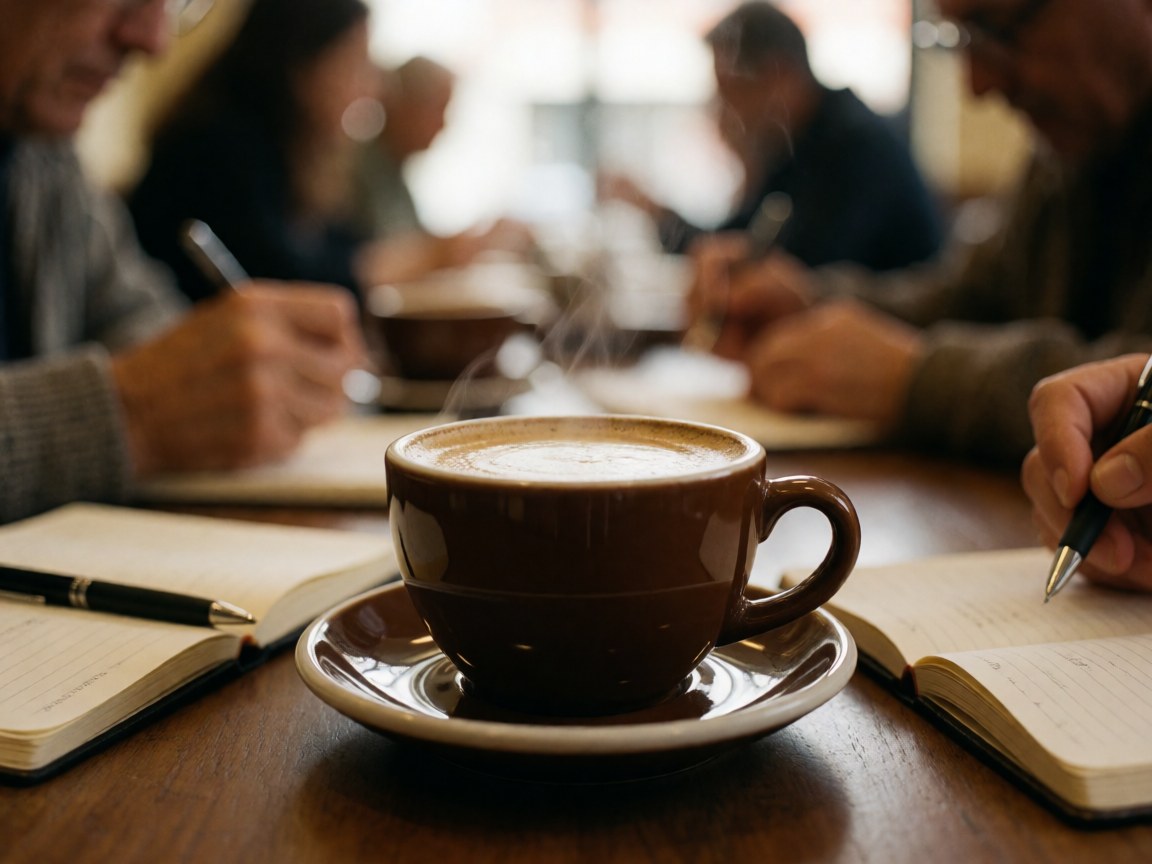 A close-up view of a coffee cup and an open notebook resting on a wooden table surface in a coworking space setting
