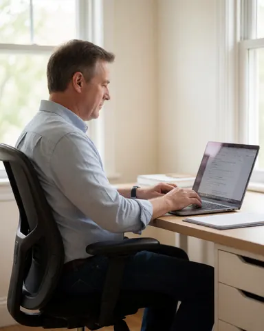 A man sitting at a wooden desk in a home office, focused on his computer screen with natural light coming from a window behind him.