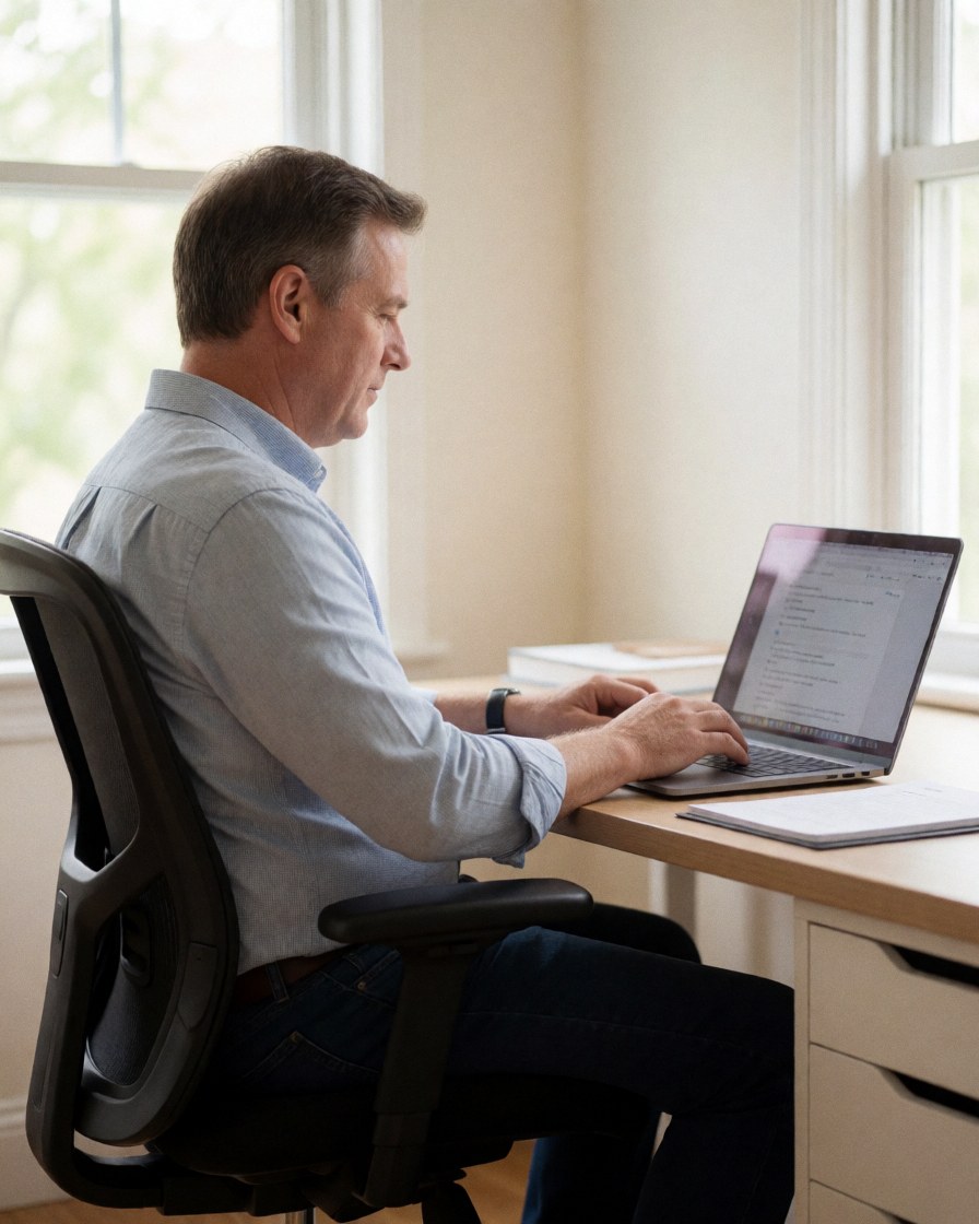 A man sitting at a wooden desk in a home office, focused on his computer screen with natural light coming from a window behind him.