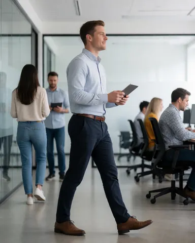 A professional business manager walks through a modern office corridor while holding a tablet computer.