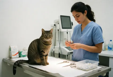 A tabby cat undergoing a modern veterinary examination on an examination table with medical instruments nearby
