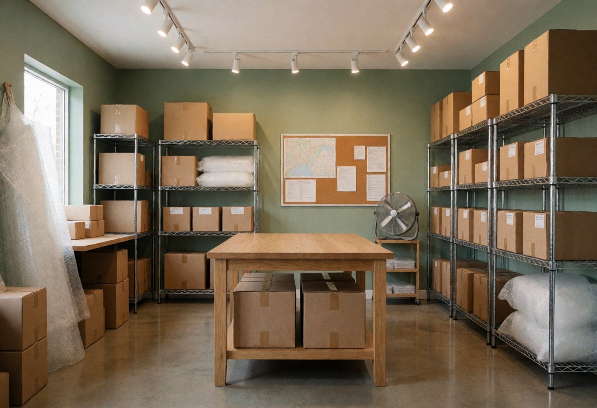 Clean online shipping studio with green walls, polished concrete floor, wooden table, metal shelves with boxes, industrial fan, and corkboard with maps.
