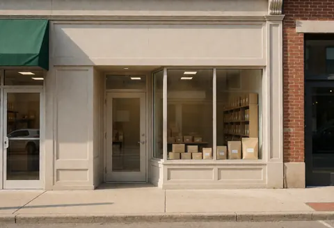 Exterior view of an online store facade featuring a large window and entrance door, with visible packages and neutral tones under natural light