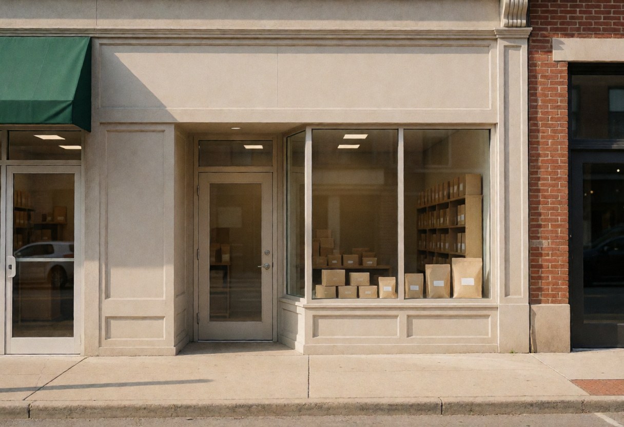 Exterior view of an online store facade featuring a large window and entrance door, with visible packages and neutral tones under natural light