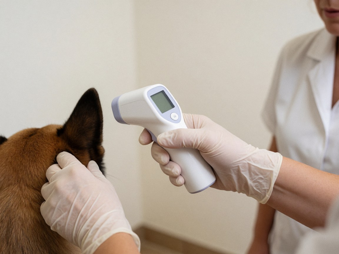 A gloved hand holds a digital thermometer near a dog's ear against a warm white clinical background.