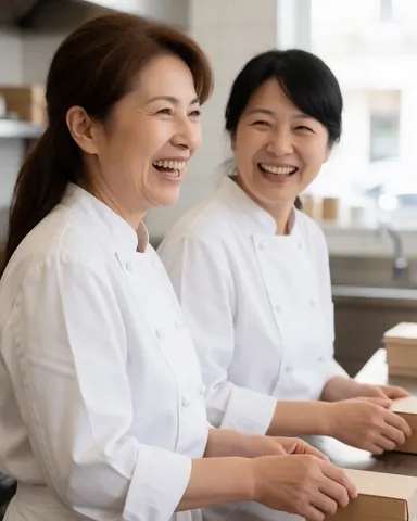 Two female pastry chefs in white uniforms smiling and collaborating in a bright bakery kitchen with ovens and baking tools visible in the background