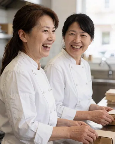 Two female pastry chefs in white uniforms smiling and collaborating in a bright bakery kitchen with ovens and baking tools visible in the background