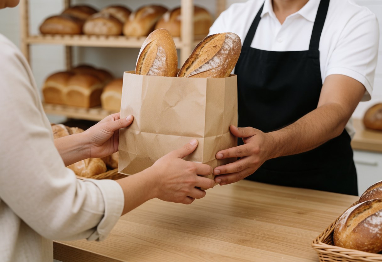 A baker stands behind a wooden counter in a bakery, attending to a customer and handling a paper bag for a purchase.