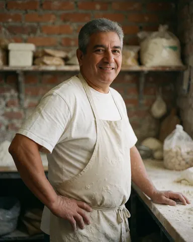 A proud baker wearing an apron stands in a kitchen with flour on his hands and a warm smile, showcasing professional craftsmanship.