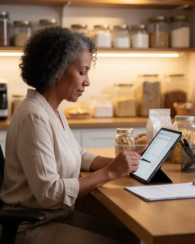 A mature woman bakery manager stands in a warm kitchen, checking a tablet while reviewing customer orders near wooden shelves stocked with ingredients.