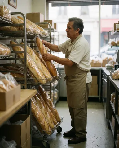 A baker organizes fresh baguettes on a metal rack in a bakery, with boxes and a window in the background, showing daily work in a professional setting.