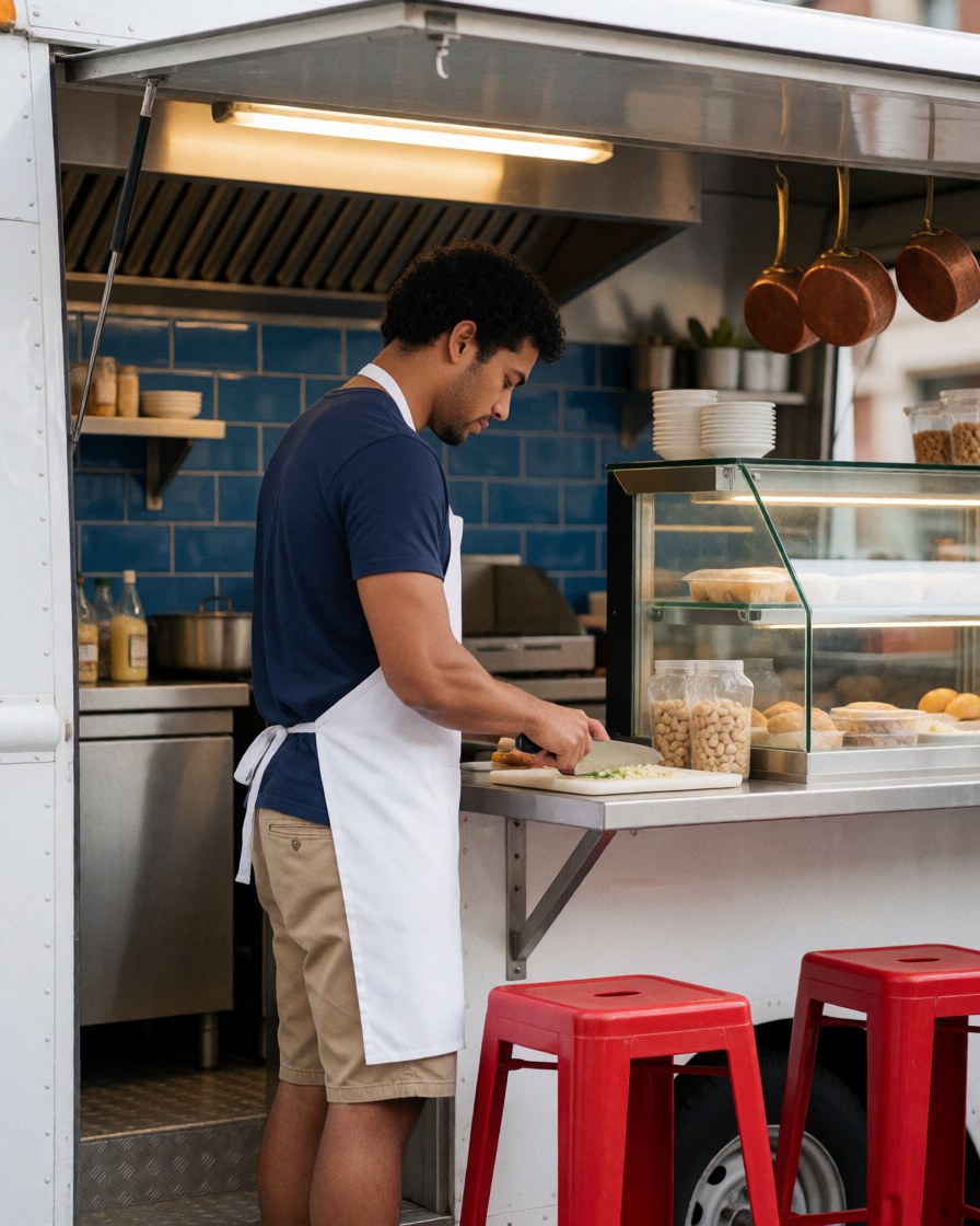 A chef in a white apron and blue shirt chopping fresh vegetables on a stainless steel counter inside a food truck with red stools and a blue wall in the background