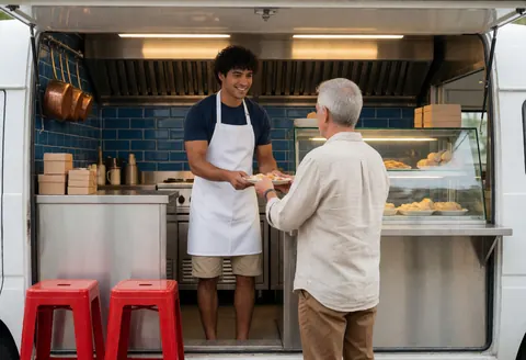 A food truck worker in an apron serves a customer from the counter, with pots and kitchen equipment visible in the background