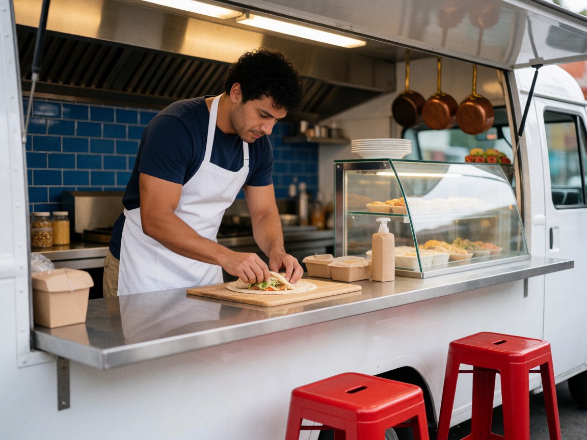 Close-up view of hands working on a counter, preparing food with a knife and spoon in a food truck setting