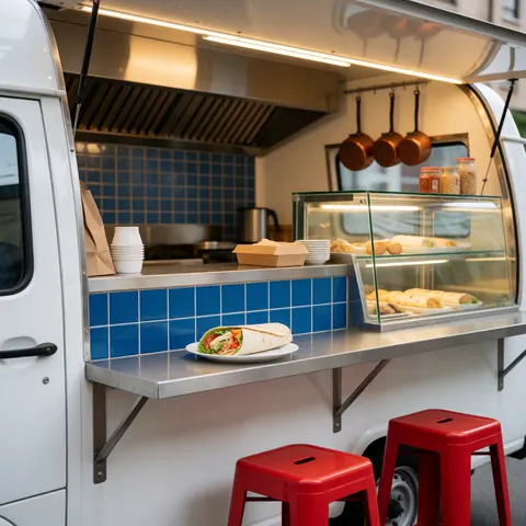 A freshly prepared fresh wrap resting on a stainless steel counter with blue tiles and red chairs in the background