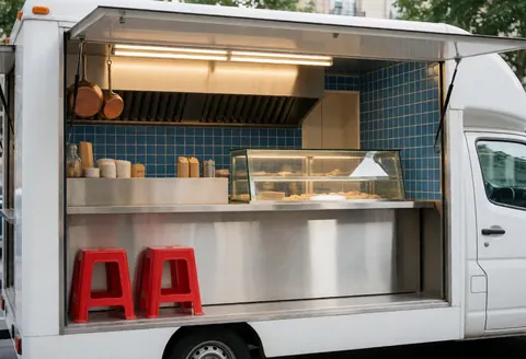 Food truck exterior featuring a glass display case, stainless steel counter, blue tiles, LED lights, and two red chairs for a street food business.