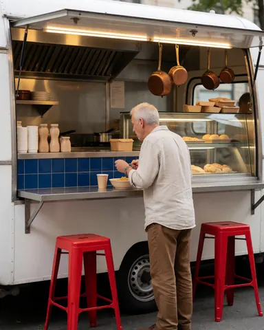 A man stands at a food truck counter, smiling while holding a plate and cup, enjoying his meal near red chairs and blue tiles.