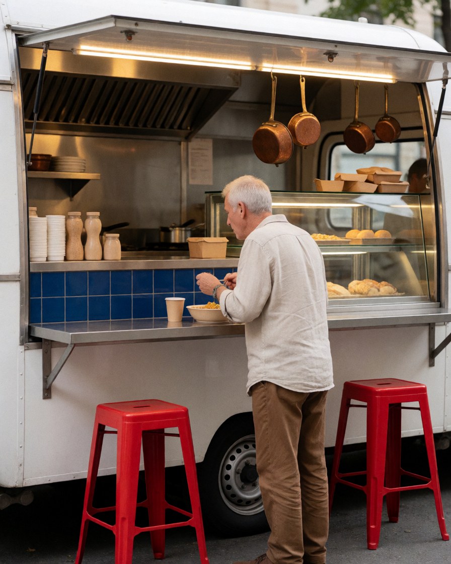 A man stands at a food truck counter, smiling while holding a plate and cup, enjoying his meal near red chairs and blue tiles.
