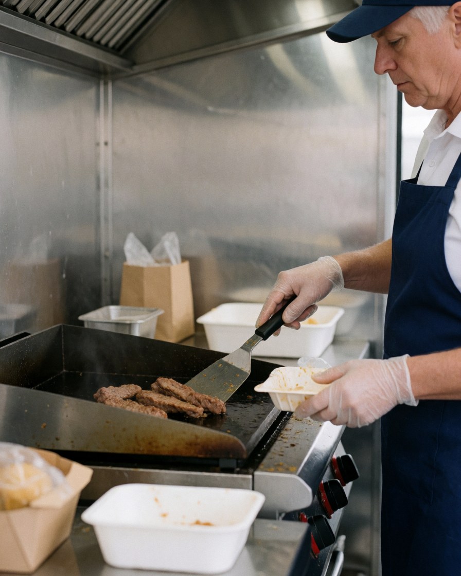 A cook wearing gloves prepares meat on a stainless steel griddle inside a clean food truck with bright lighting.