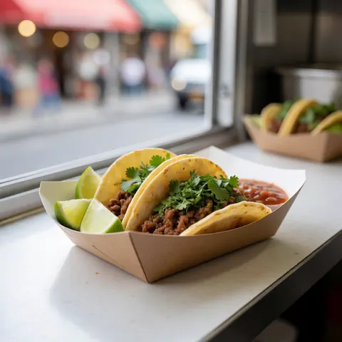 Close-up of meat tacos served on paper with lime wedges and cilantro on a food truck counter with a blurred urban background