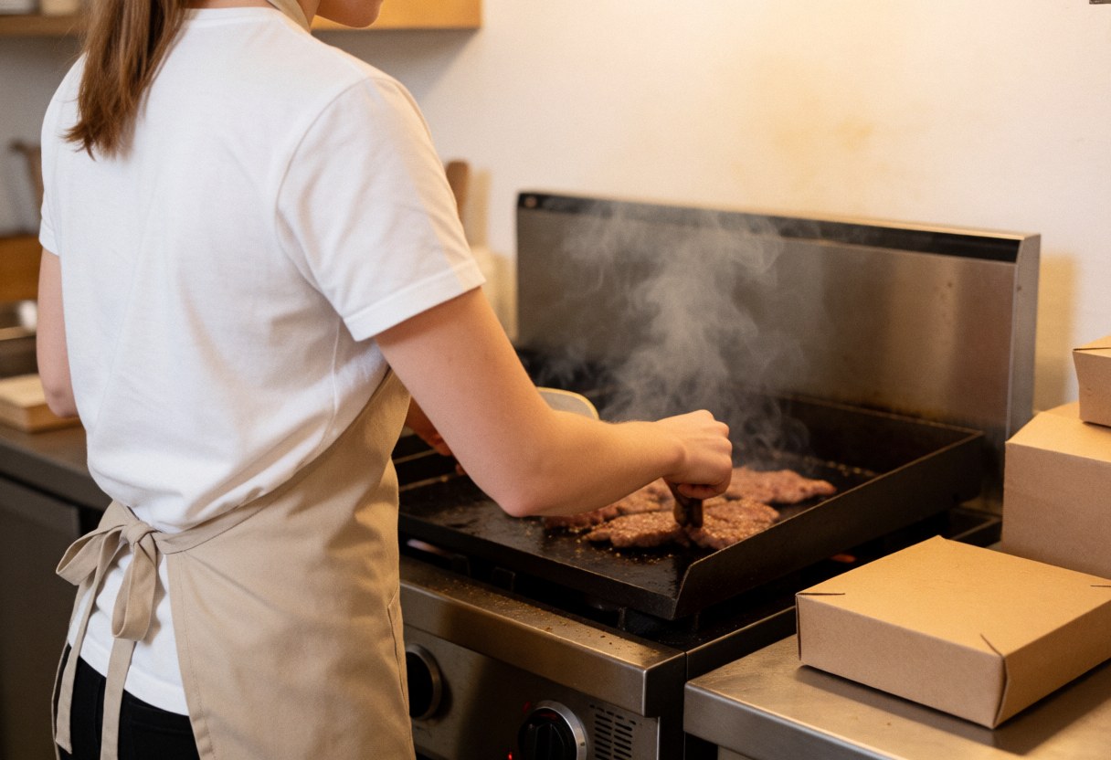 A person cooking hamburgers on a hot grill with smoke rising at a busy food truck service area