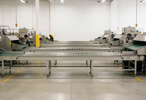 Workers sorting packages on conveyor belts in a clean, functional industrial logistics facility with heavy machinery and concrete floors.